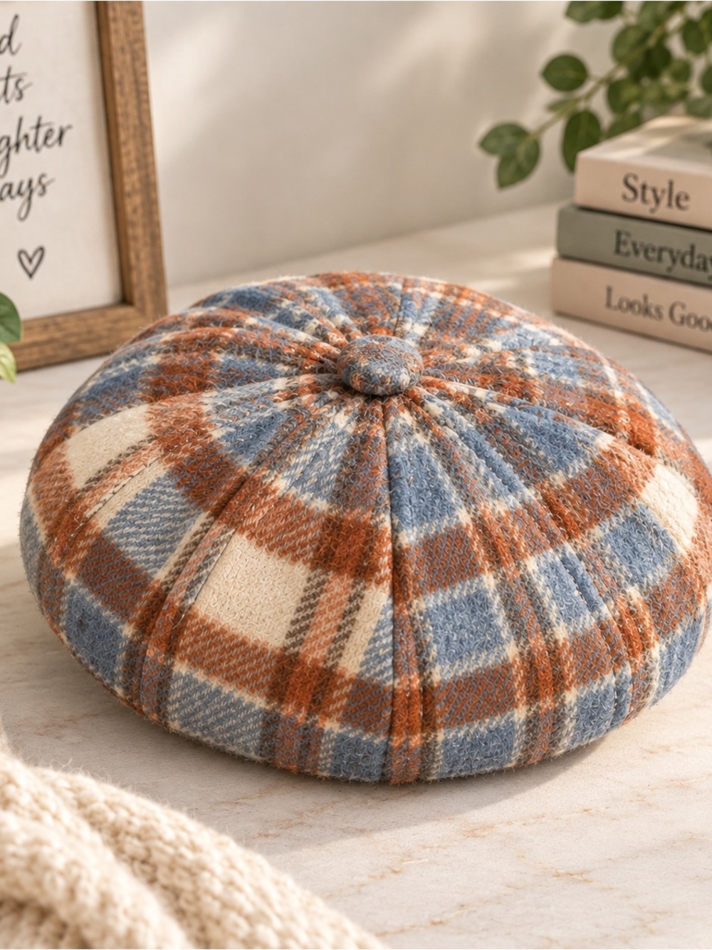 Blue Rust Plaid Brimless Beret Hat – Cozy Fall Winter Style